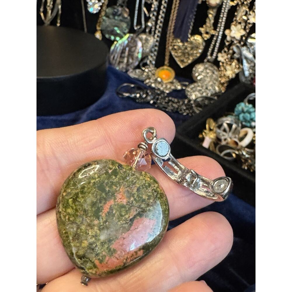 Unakite Heart Dangle Charm Large Hole Bead Pink Crystal Bracelet - Picture 6 of 7